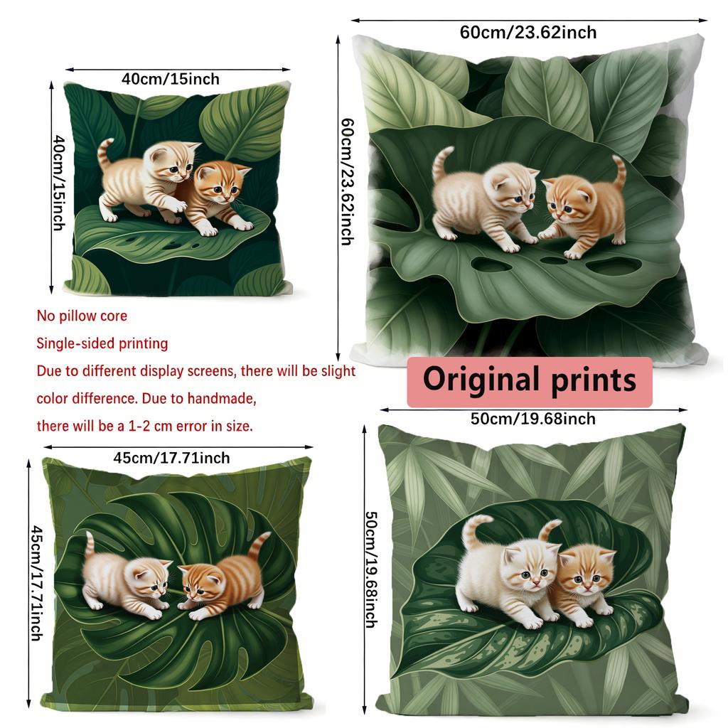 Cute Kittens Tropical Leaves Throw Pillow Covers Pattern Cushion Cover Suitable For Sofa Bedroom Car Pillow Cover