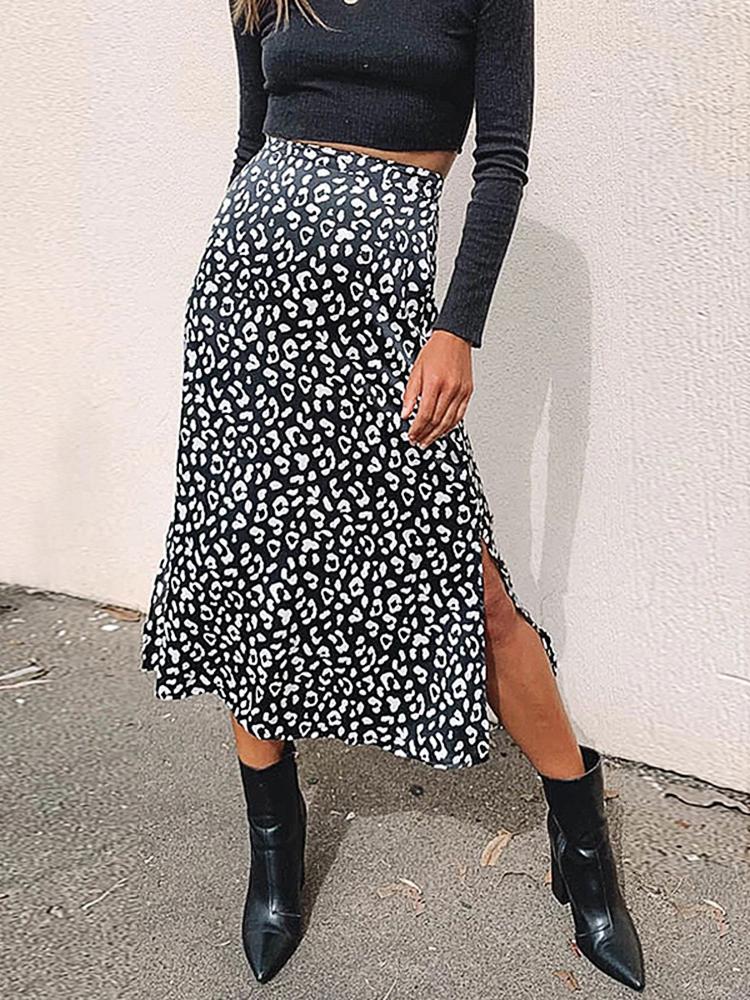 Sexy Leopard Print Split Skirt Casual Fashion Long Skirts for Women Spring Summer Elegant Female Skirt