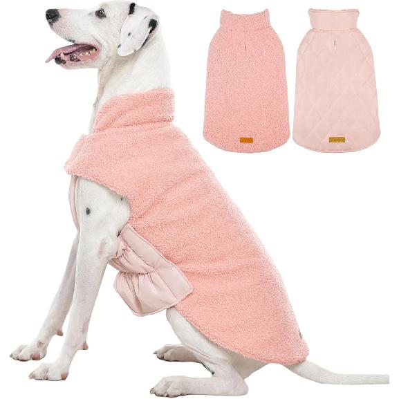 Kuoser Reversible Dog Coat – Warm Fleece & Quilted Waterproof Dog Jacket, Double-Sided Cold Weather Dogs Winter Coat with Harness Hole, Windproof