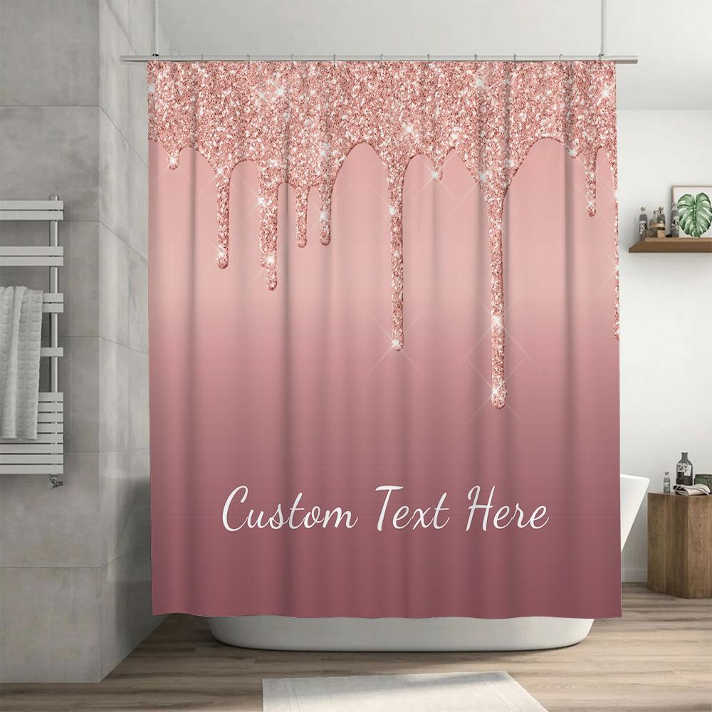 Pink Sparkly Shower Curtain Decor Custom Text White Bath Mat Set