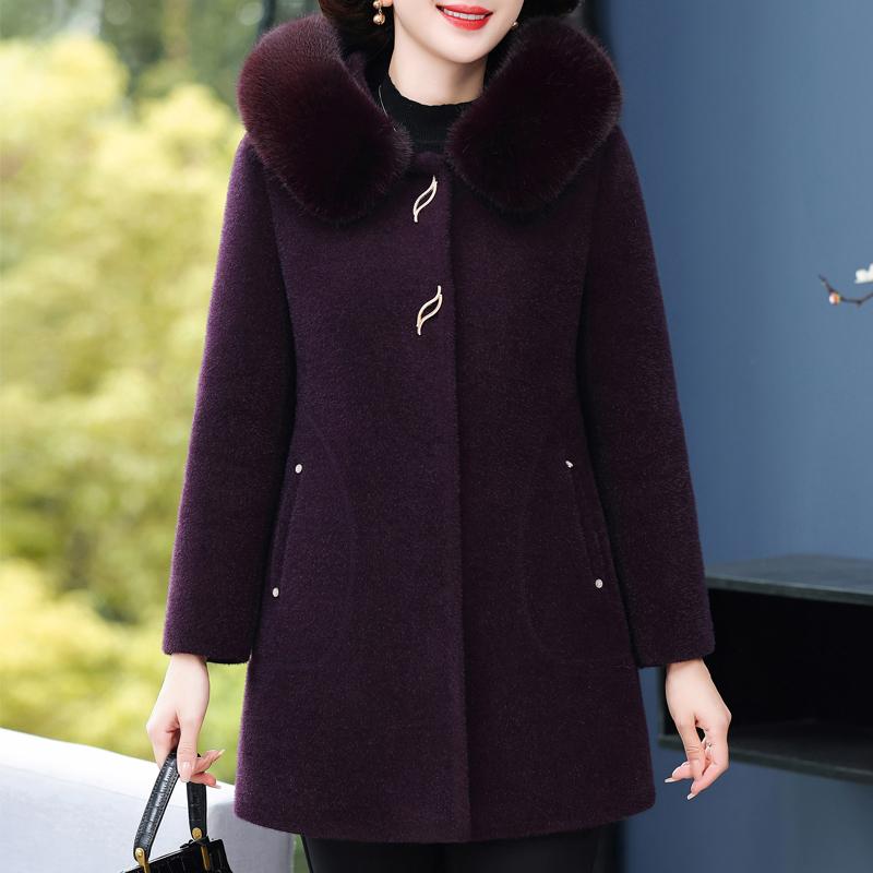 

Жіночі зимові пальта середнього віку Товста тепла вовняна та змішана куртки Елегантний вільний верхній одяг із коміром зі штучного хутра 2XL фіолетовий