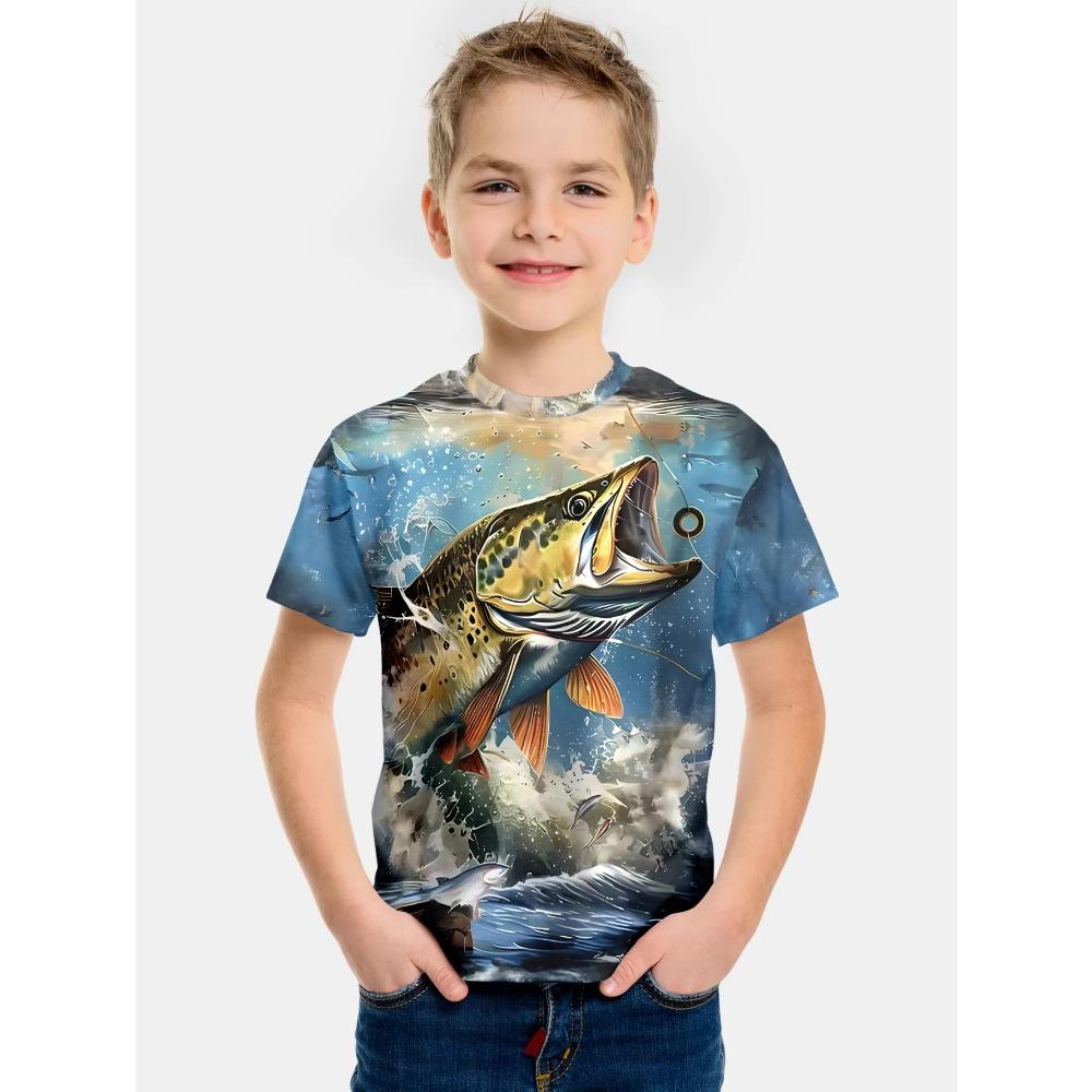 Boys' Clothing with Fish Pattern 3D Printed T-shirt, Summer New Style, Children's Fishing Shirt, Casual Short Sleeved Fashionable Street Top