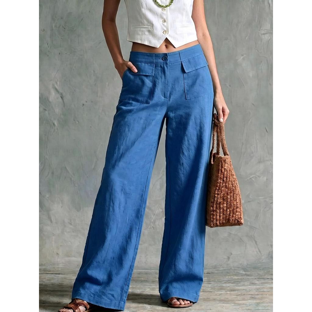 Women's High Rise Wide Leg Pants Loose Fit Solid Color Linen Palazzo Trousers Casual Commute Straight Leg Pants