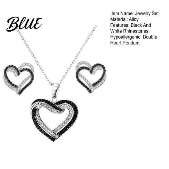 Rhinestone Heart Jewelry Overlapping Hearts Set Black White Necklace