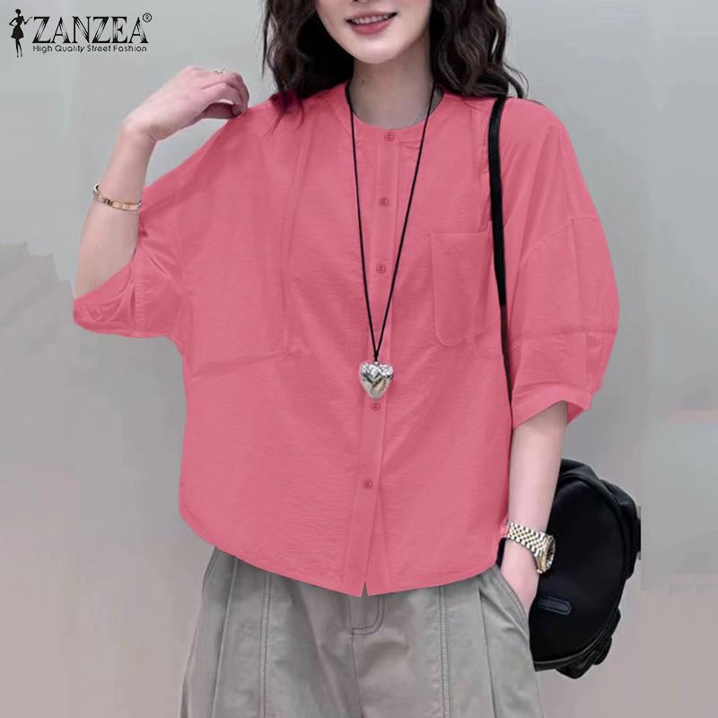 ZANZEA Women Casual Round Neck Loose 3/4 Sleeve Plain Blouse