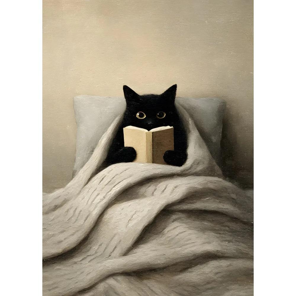 Black Cat Reading in Cozy Bed Orange Cat Cherry Blossom Lotus Landscape Canvas Painting Print Wall Art Picture Room Home Decor