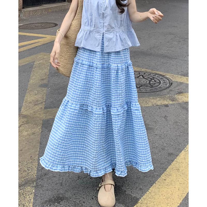 

Летняя юбка с высокой талией, большой маятник, средней длины, сине-белая клетка, эластичная талия, универсальная юбка L