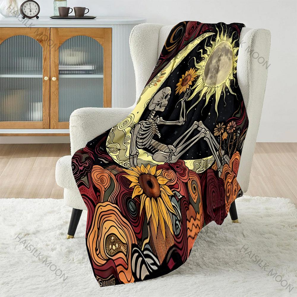 Skull Moon Sun Art Print Blanket Warm Soft Fluffy Kids Adult Luxury Gifts for Sofa Bed Home Outdoor Travel Camping Blanket