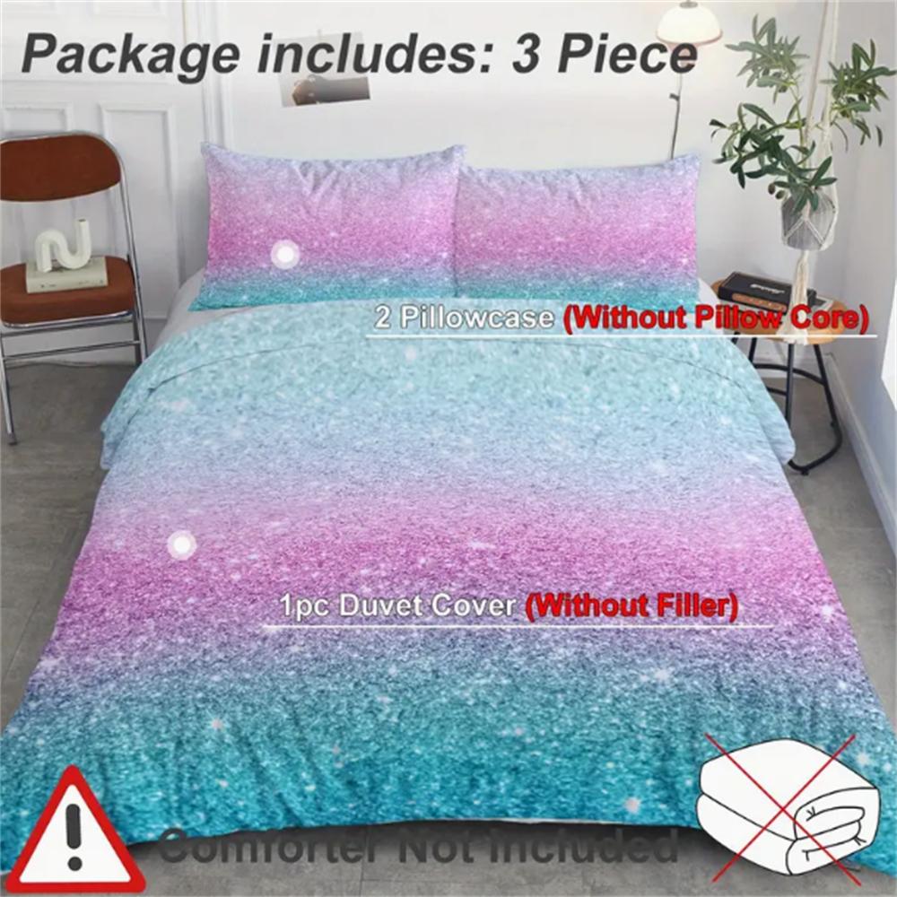 3-Piece Vibrant Turquoise Blue and Pink Pastel Glitter Bedding Set - Duvet Cover Sets with Shining Effect, Trendy Bedspreads