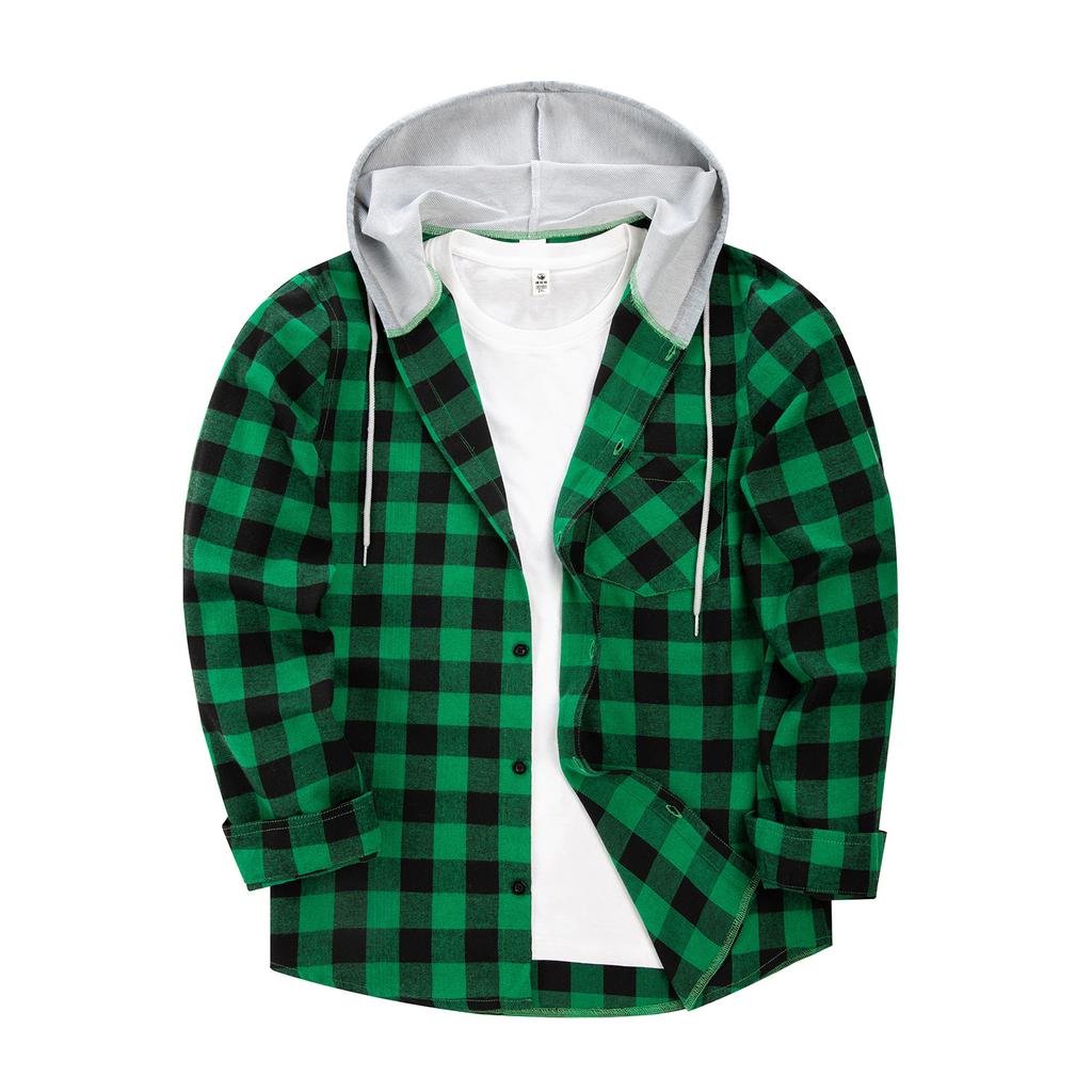 Plus Size Men's Spring And Autumn Loose Casual Long-sleeved Hooded Plaid Shirt Man