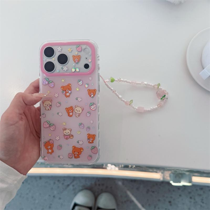 New 2026 Shockproof Phone Case For iPhone 15 16 17 Pro Max Strawberry Print With Strawberry Beaded Wrist Strap Large Window Cove