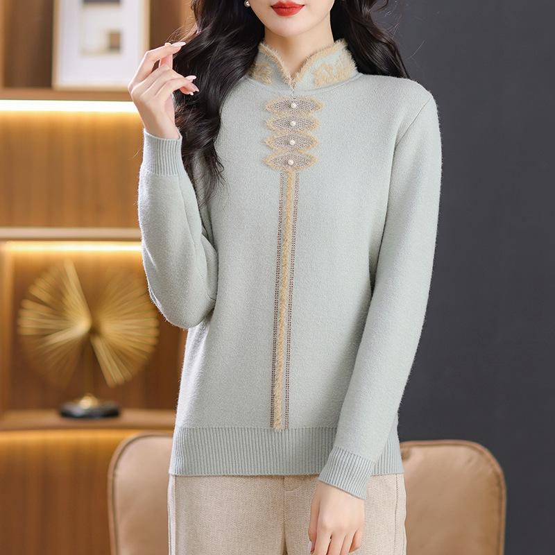 Autumn/Winter Velvet Cheongsam Collar Sweater for Middle-Aged Women - Warm, Stylish Red Top