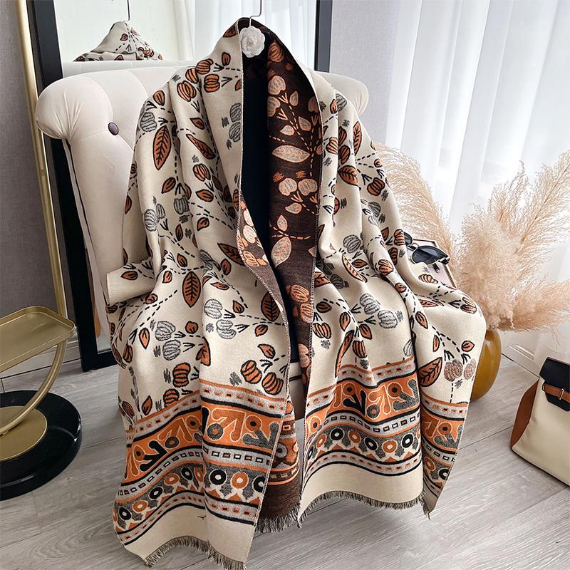 Luxury Women's Two-Sided Geometric Fallen Leaves Cashmere Scarf Soft Warm Shawl Winter Outdoor Coldproof Windproof Blanket
