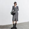 High-end cold knitted v-neck long-sleeved dress niche design temperament socialite new women
