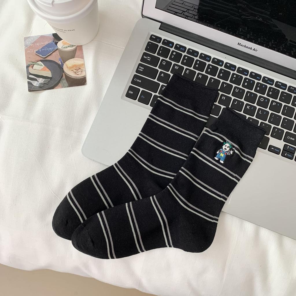 Casual Mid-Leg Socks Embroidered High-Value Striped Bear Korean Socks