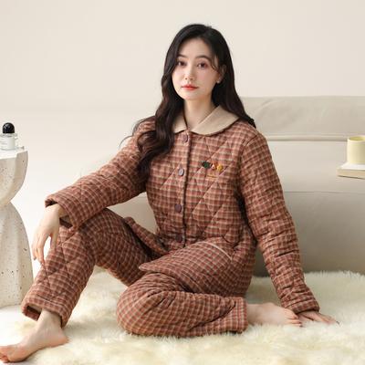 Pyjama Damen Winter Dreilagiges Fleece Verdickt Gewebte Baumwolljacke Herbst Und Winter Korallenfleece Warm Loungewear Set