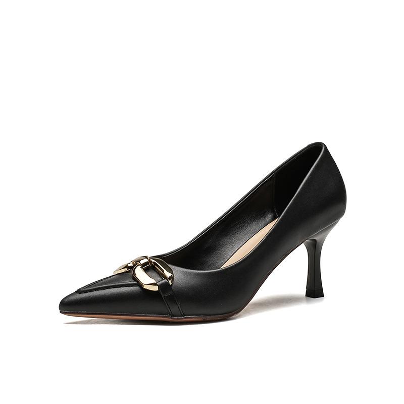 Metal buckle 7cm high heels women's 2025 new French leather pointed head shallow mouth stiletto single shoes not tired feet women's shoes