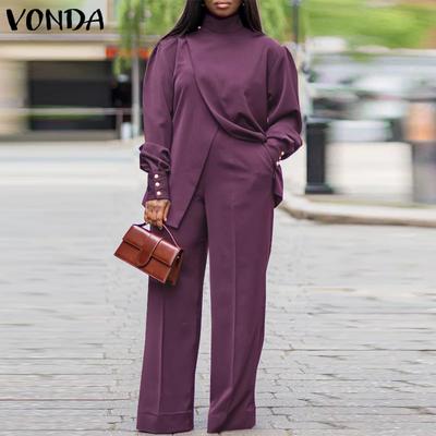 Women Fashion Solid Color High Neck Long Sleeve Top Pants Sets