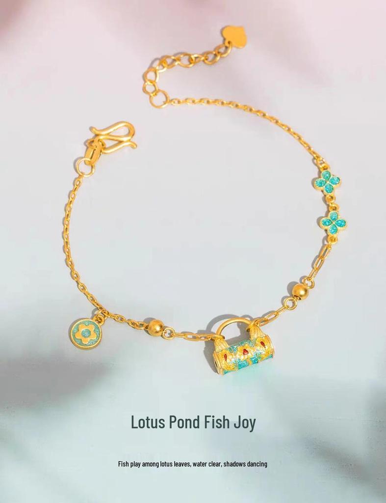 Golden Enamel Lotus Koi Fish Bracelet: Women's Chinese-Style Jewelry