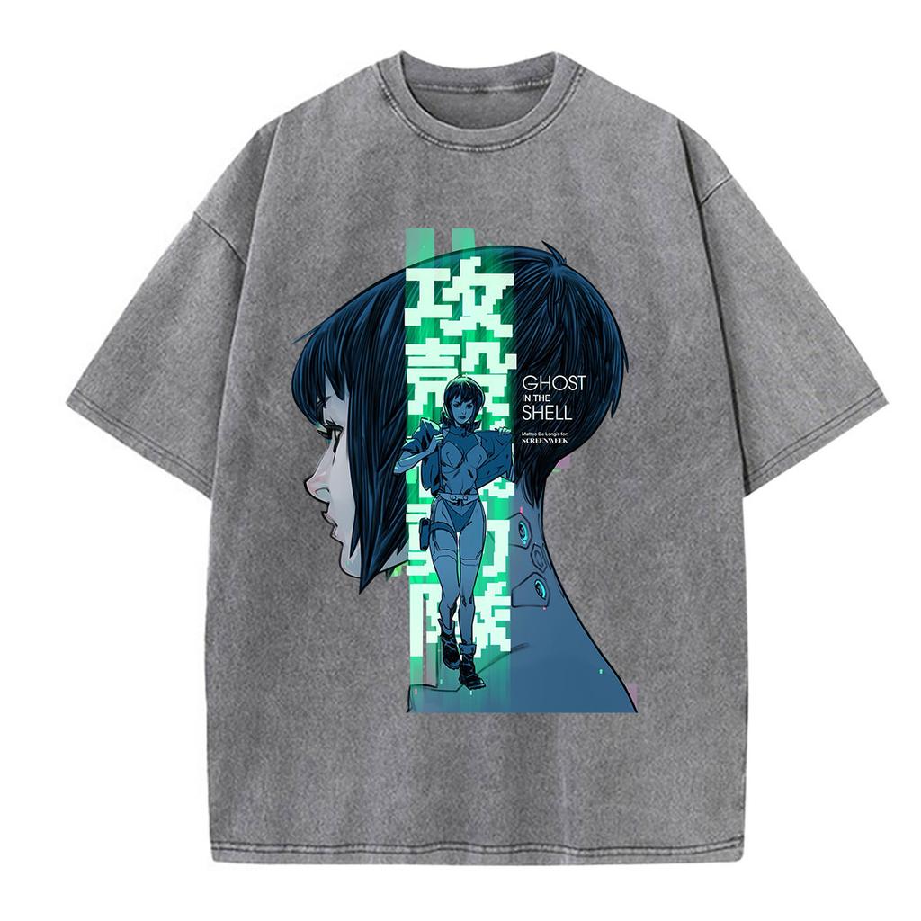 Camisetas Gráficas Vintage Lavadas de Anime Ghost in The Shell Motoko Kusanagi para Hombre y Mujer Moda Camisetas de Manga Corta Oversize