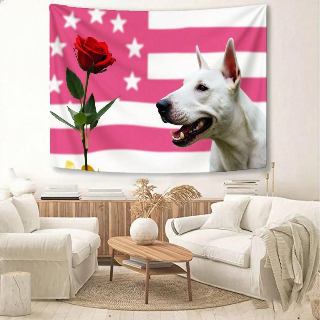 Patriotic Wall Hanging Tapestry of Roses and White Dogs American Flag Wall Hanging Cloth Dormitory Room Decoration Wallpaper Ban
