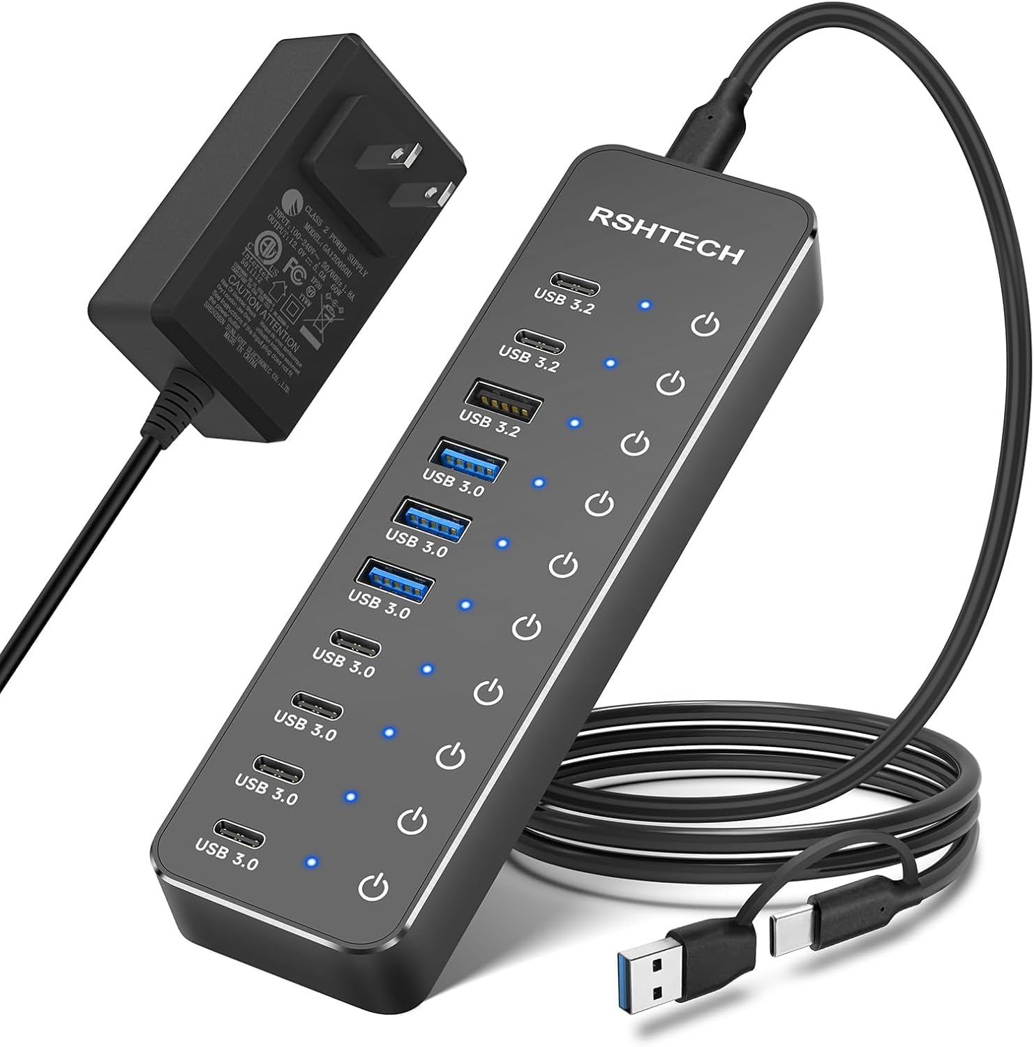 

USB Hub with Power 6 x 4 x Data 60W AC Independent Individual Aluminum Alloy Includes Adapter Supply, 10-Port Expansion, USB-C & USB-A, High-Speed