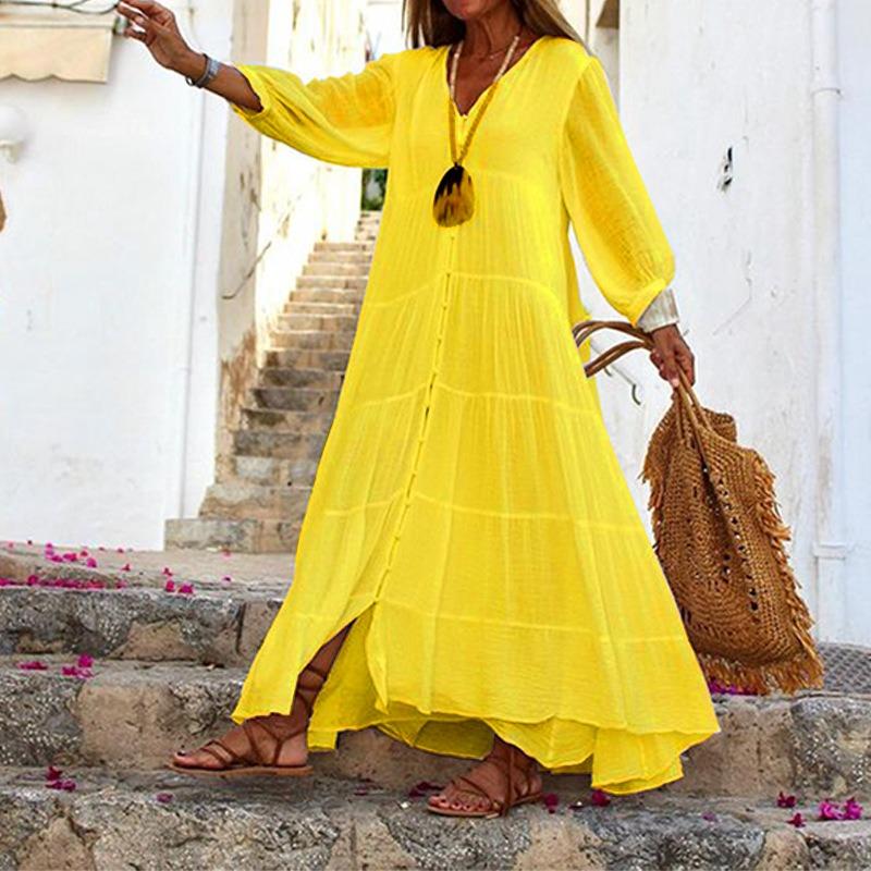 Women Solid Color V Neck Loose Long Sleeve Bohemian Midi Dress