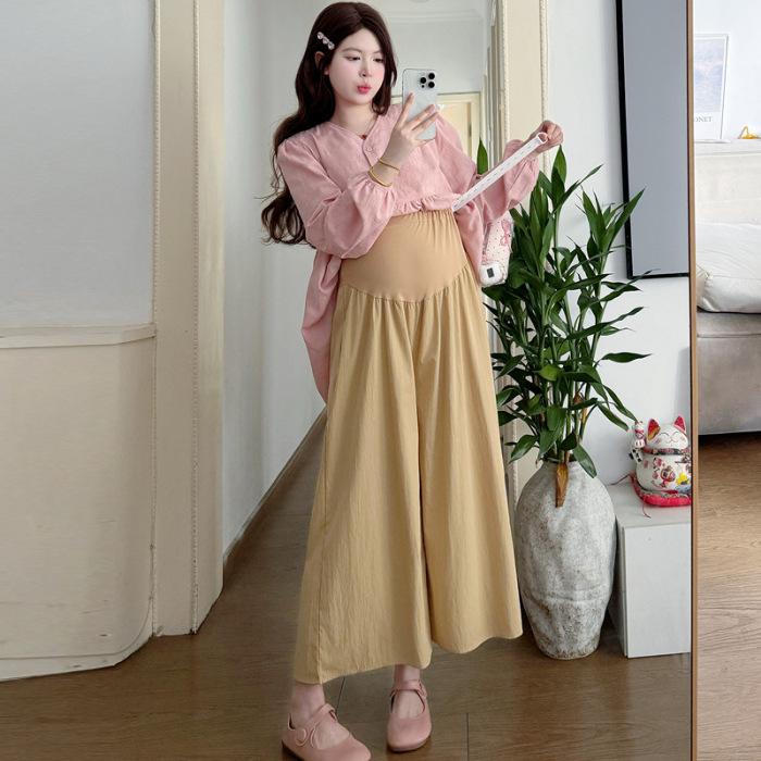 Spring 2026 Fashionable Maternity Two-Piece Set: Embroidered Long-Sleeve Shirt + Wide-Leg Pants M