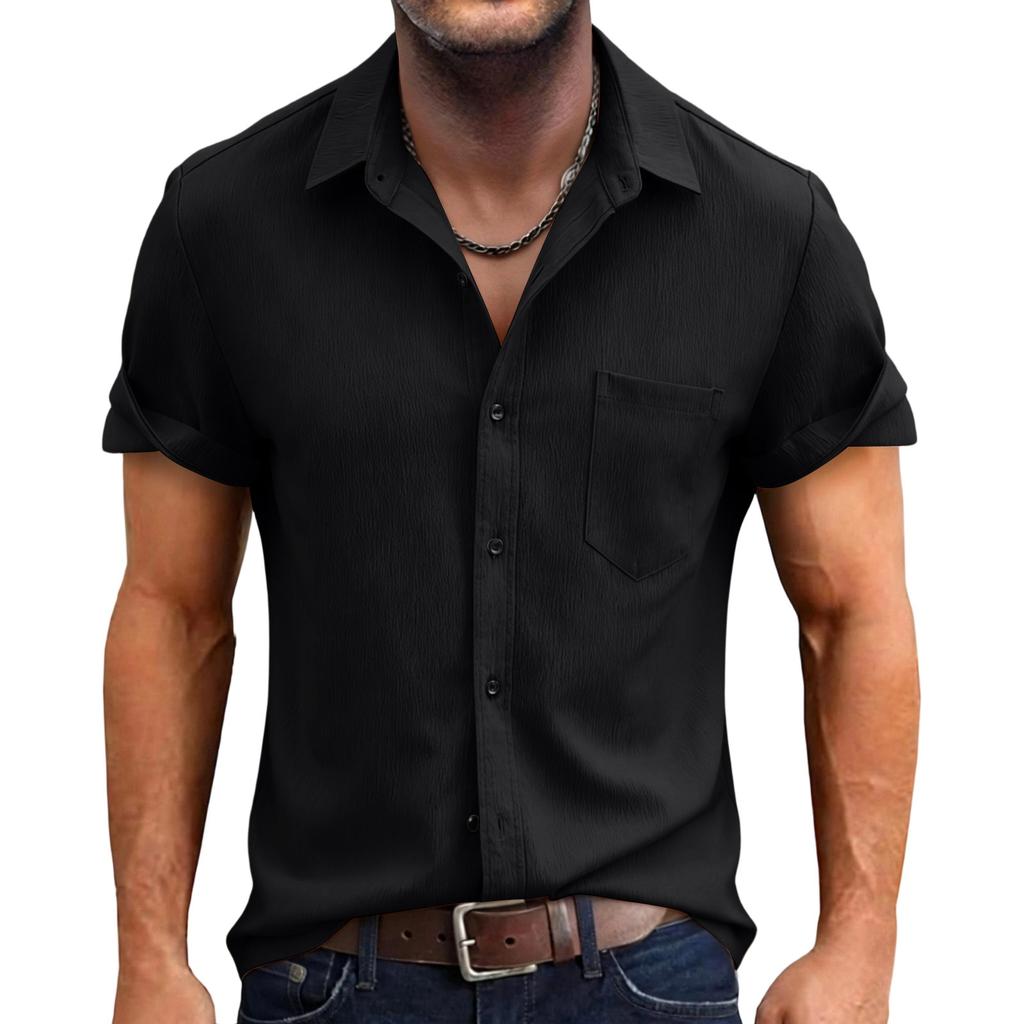 Herren Casual Einfarbige Baumwolle Leinen Kurzarm Hemd Button-Down Kragen Leicht Atmungsaktiv Urlaubs Sport Hemd für Herren