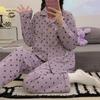Korean Style Women's Heart Pajamas - Long Sleeve & Pants, Spring/Autumn Casual Wear