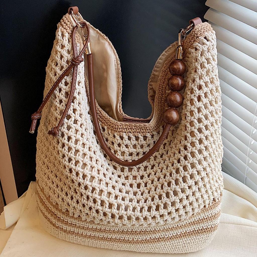 Holiday Style Woven Bag Women's Summer New Fashion Hollow Knitted Shoulder Bag Large-capacity Commuter Tote Bag