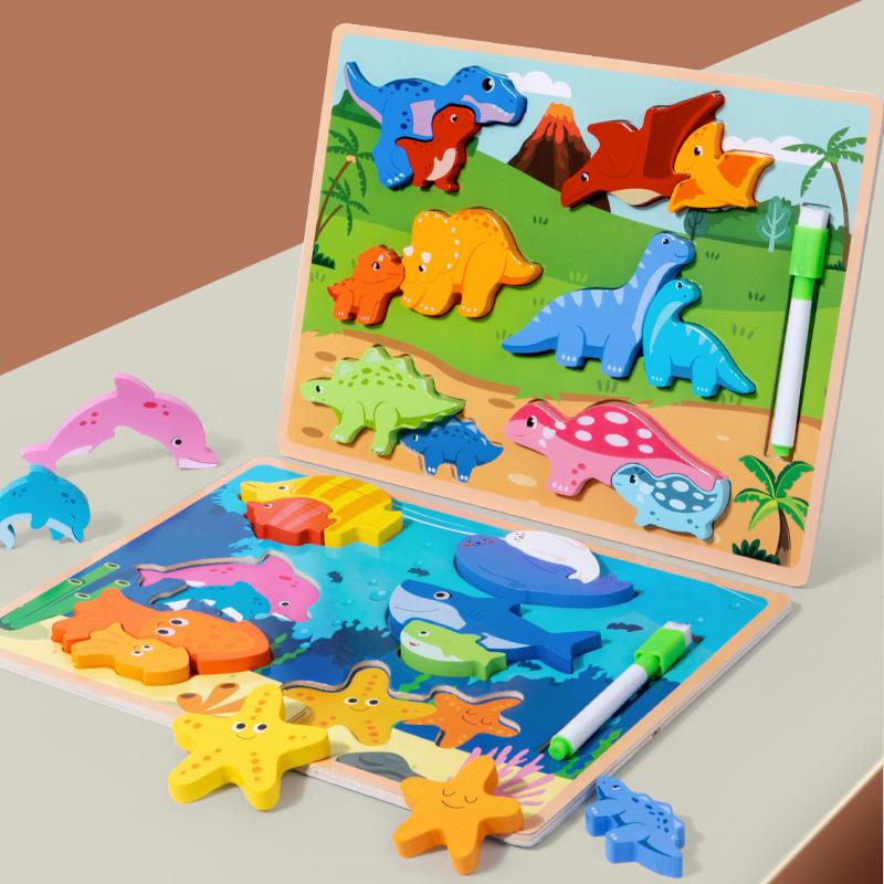 Puzzle drawing board 2-in-1 early childhood education three-dimensional puzzle board baby drawing blackboard large particle building block play