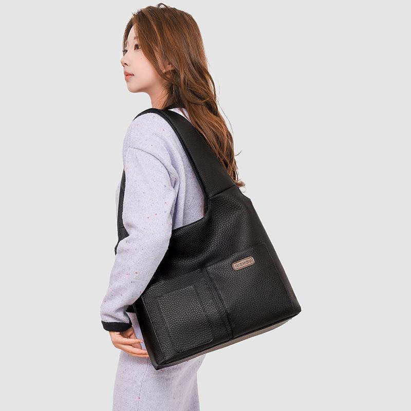 

Корейская мода универсальная сумка-мессенджер большой вместимости новая ретро повседневная сумка-тоут простая текстура сумка через плечо под мышкой чёрный