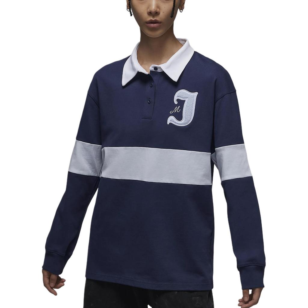 Jordan Comfortable Skin-Friendly Loose Long Sleeve Polo Shirt Women tops Navy-Blue FV7183-410