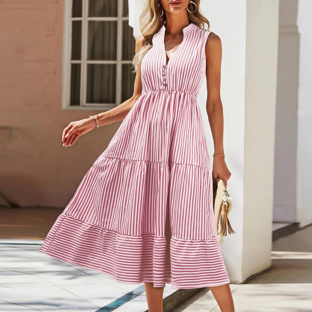 Women's Summer New Sleeveless Striped V-neck Waistcoat Dress