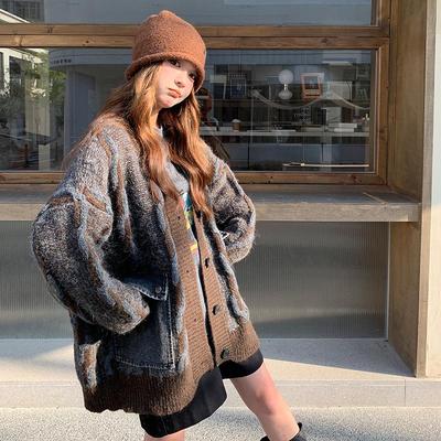 Patchwork-Strick-Denim-Pullovermantel im koreanischen Stil für Damen - 2026 Herbst/Winter Lässiger lockerer Cardigan