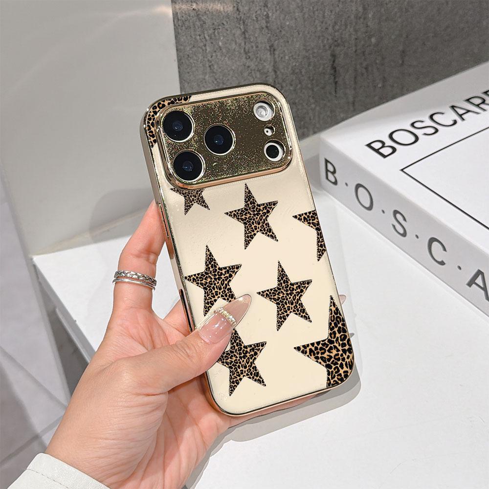 Lucky Start Phone Case For iPhone 17 16 15 14 13 12 11 Pro Max 16E Gold Electroplated glass shell  Leopard Print Stars Cover