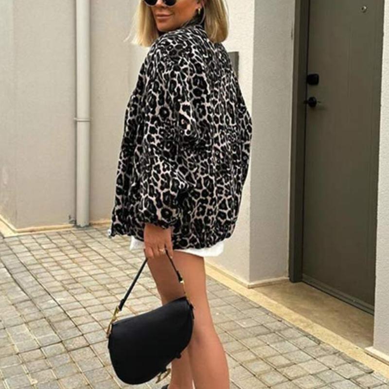 Modna Vintage Zamek Długi Rękaw Luźna Kurtka Kobiety Retro Okrągły Dekolt High Street Casual Płaszcz Nowy Design Panterka Kobieca Jesień Odzież Wierzchnia