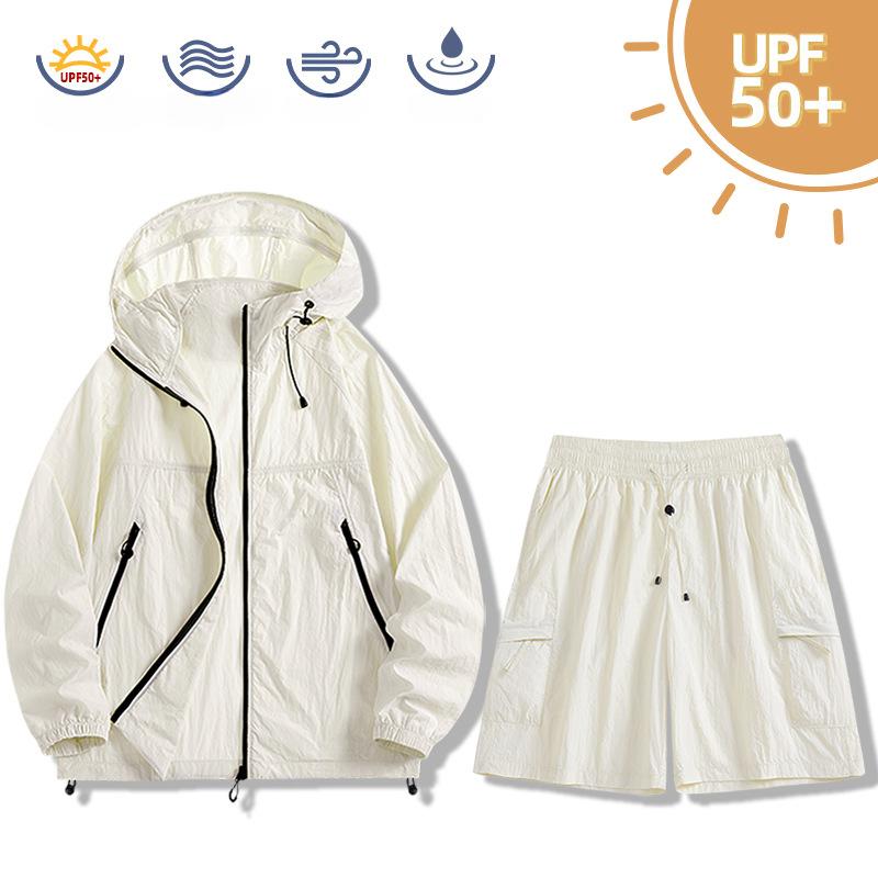 Summer Men's Ice Sunscreen Suit Hooded Jacket and Shorts Set Lightweight Quick Drying Two Piece Set Couple Style