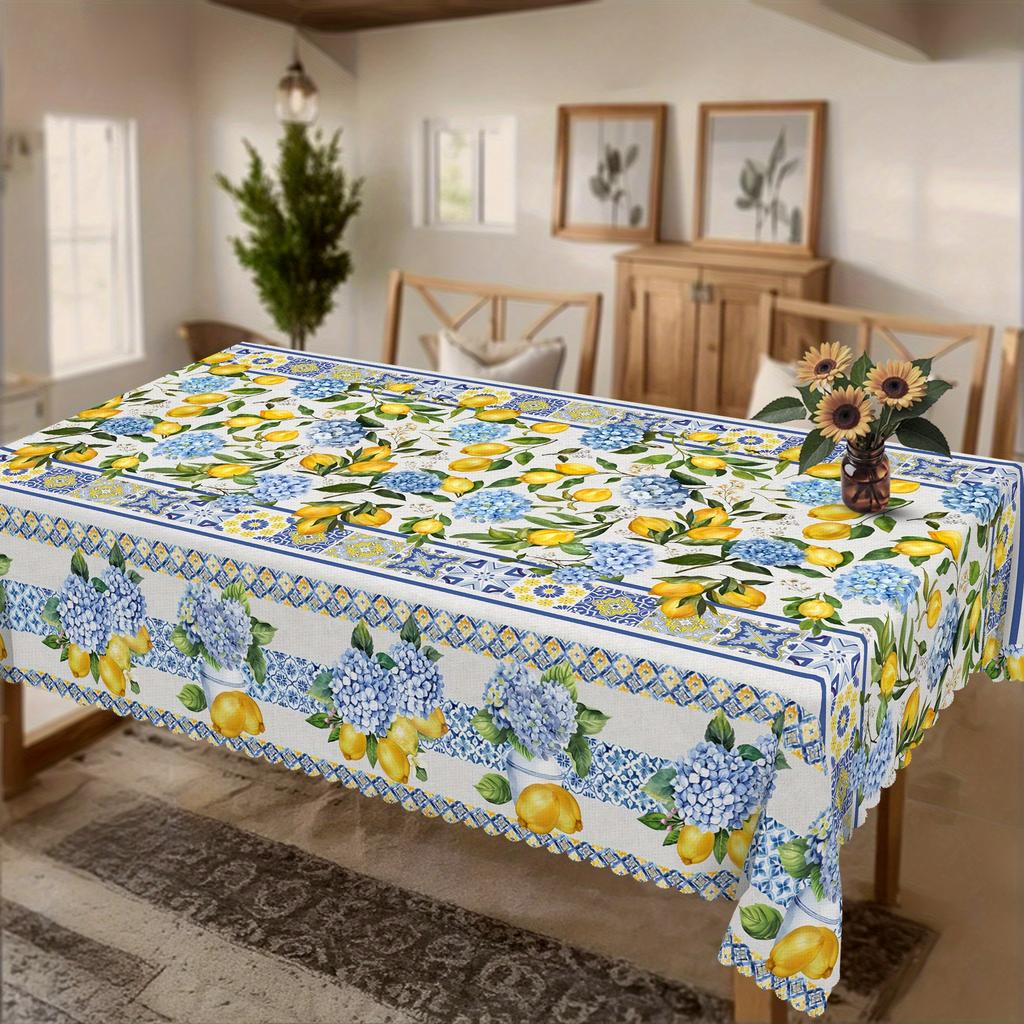 Lemon Floral Blue White Tile Patchwork Tablecloth for Table Decor Summer Hydrangea Lemon Leaves Table Cloth Holiday Party Decor