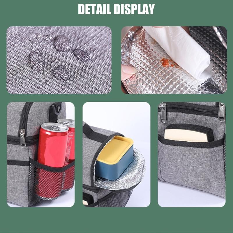 Thermal Lunch Bag with Double Compartments Insulated Cool Bag Waterproof Oxford Fabric for Office School Camping