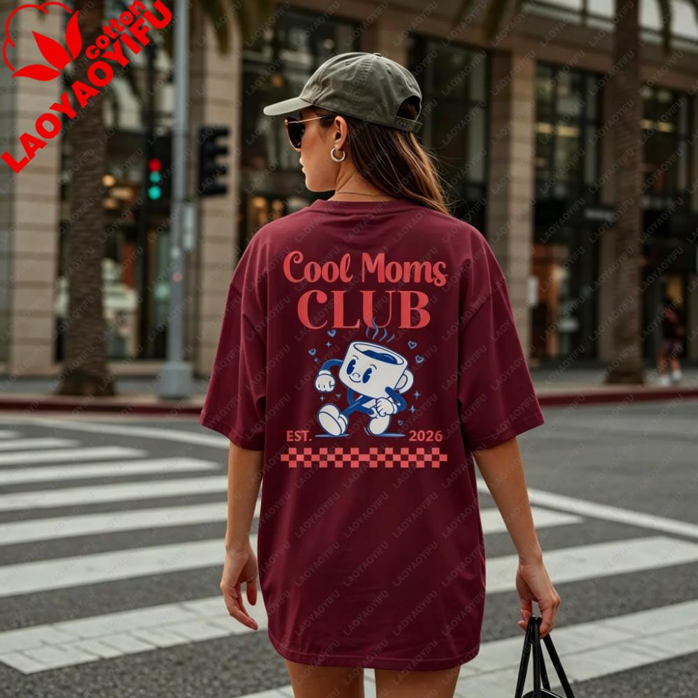 Cool Moms Club Est 2026 Graphic Shirt Retro Cartoon Coffee Print Tee Coffee Lover Gift Tops New Mom 2026 Casual Daily Outfit