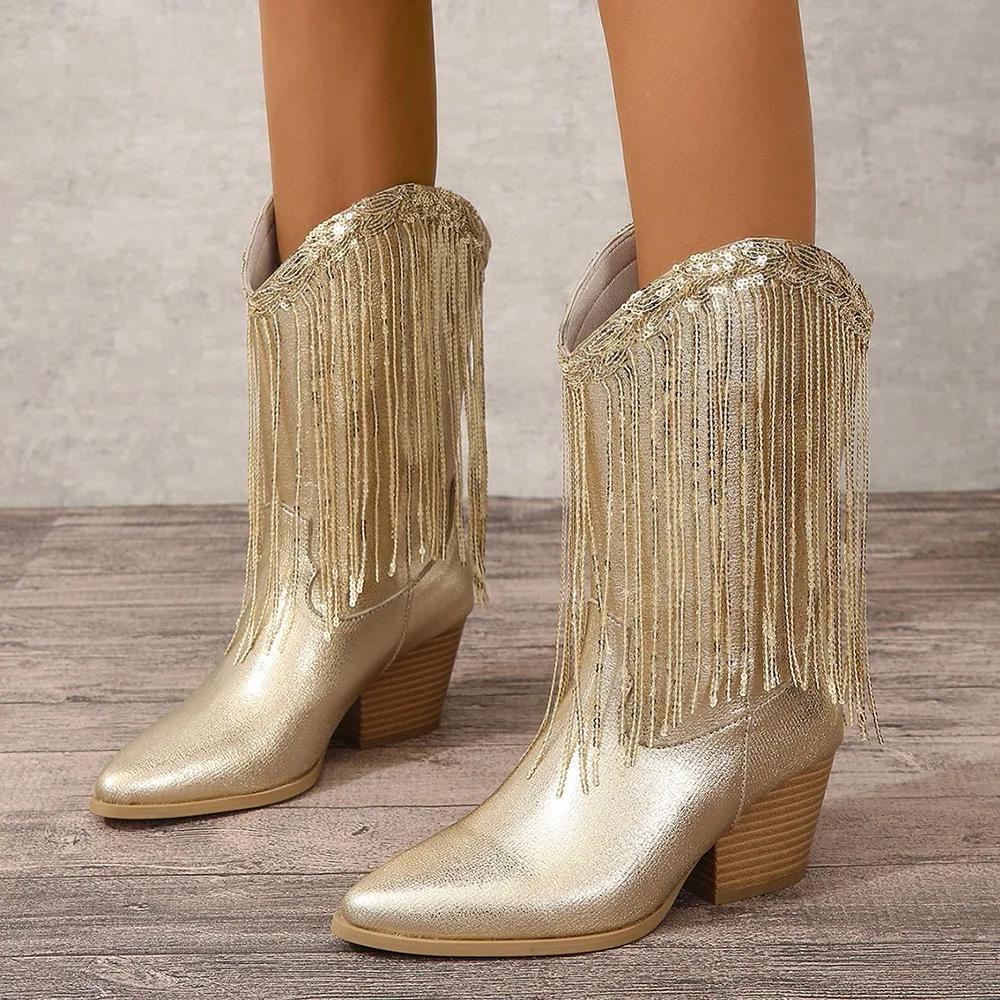 Women's Fringed Cowgirl Boots Concert Western Boot 2025 Spring Summer Vintage Cowboy Boots for Women Pointed Toe Mid-calf Boots