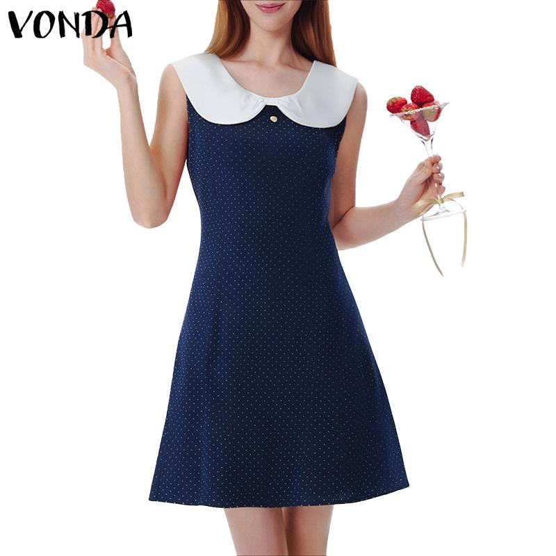 

VONDA Elegant Women Doll Collar Sleeveless Polka Dots Casual A-line Dress S червоний