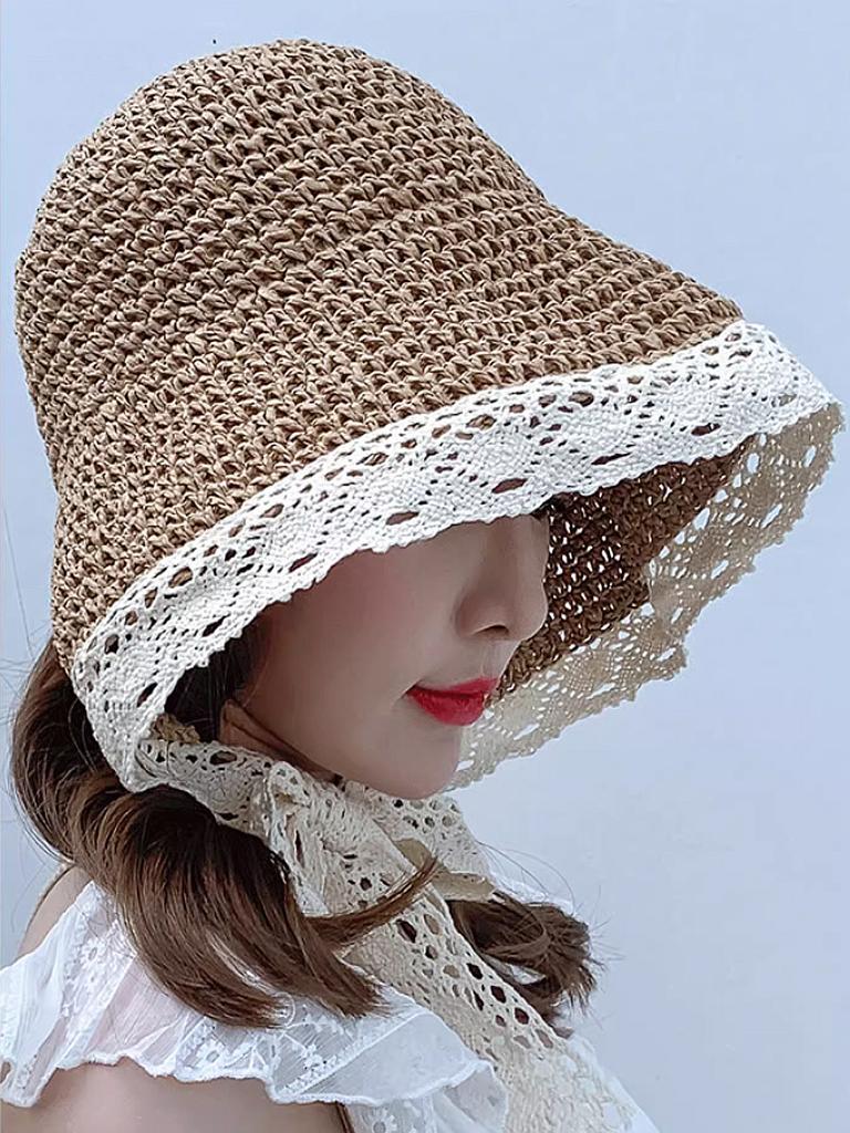 Summer Handmade Lace Fashion Bowler Hat Women's Summer Big Brim Sunscreen Beach Hat Straw Hat Women's Summer