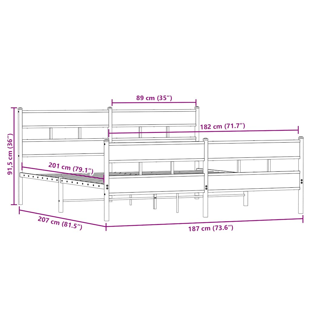 Metal Bed Frame without Mattress Sonoma Oak Finish 180x200 cm