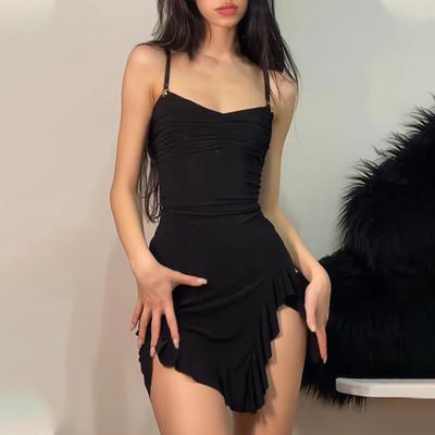 Summer Women Dress Irregular Ruffle Hem Low-cut V Neck Sleeveless Skinny Backless Spaghetti Strap Pleated High Waist Party Hot Girl Mini Dress