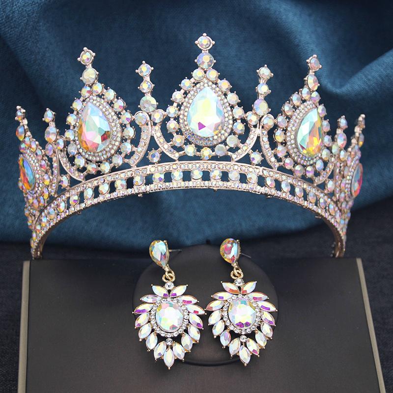 Vintage Baroque Princess Crown and Earrings Set for Women Prom Bridal Wedding Tiara Jewelry Headwear Bride