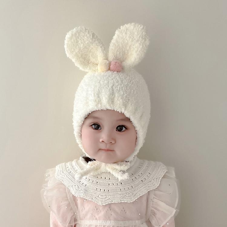 Baby Beanies with Tie Warm Lining Furry Pompoms Rabbit Ears Hat Adjustable Size Plush Hat Lovely Photo Props