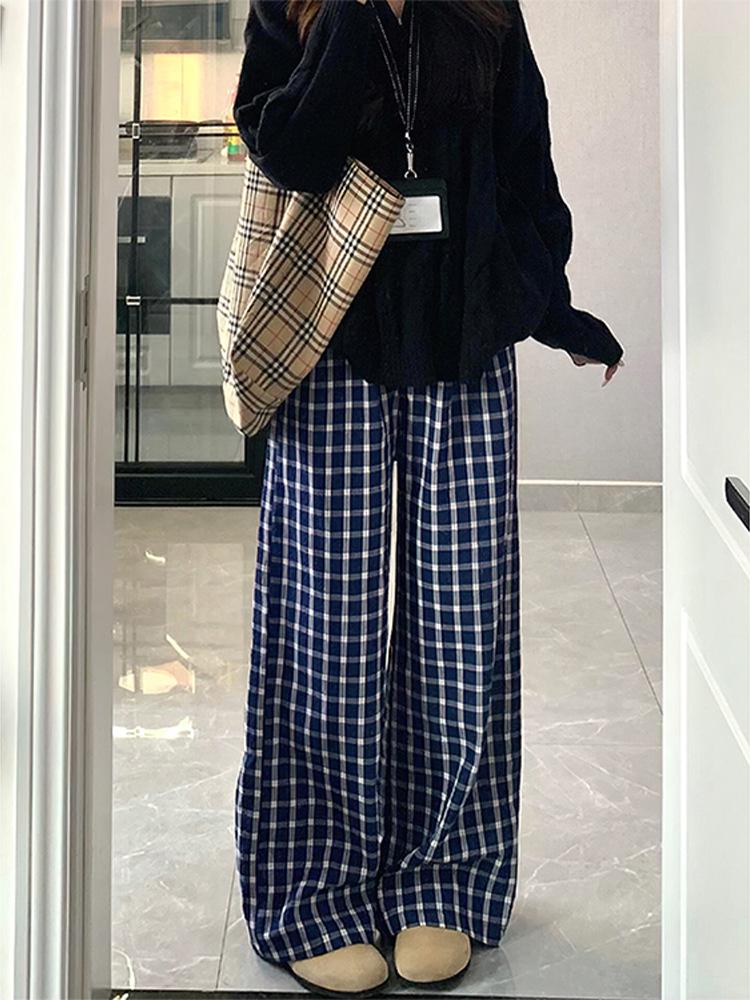 Women's Retro Blue Plaid High Waist Wide Leg Pants - Loose, Floor-Length, 145 Petite Style